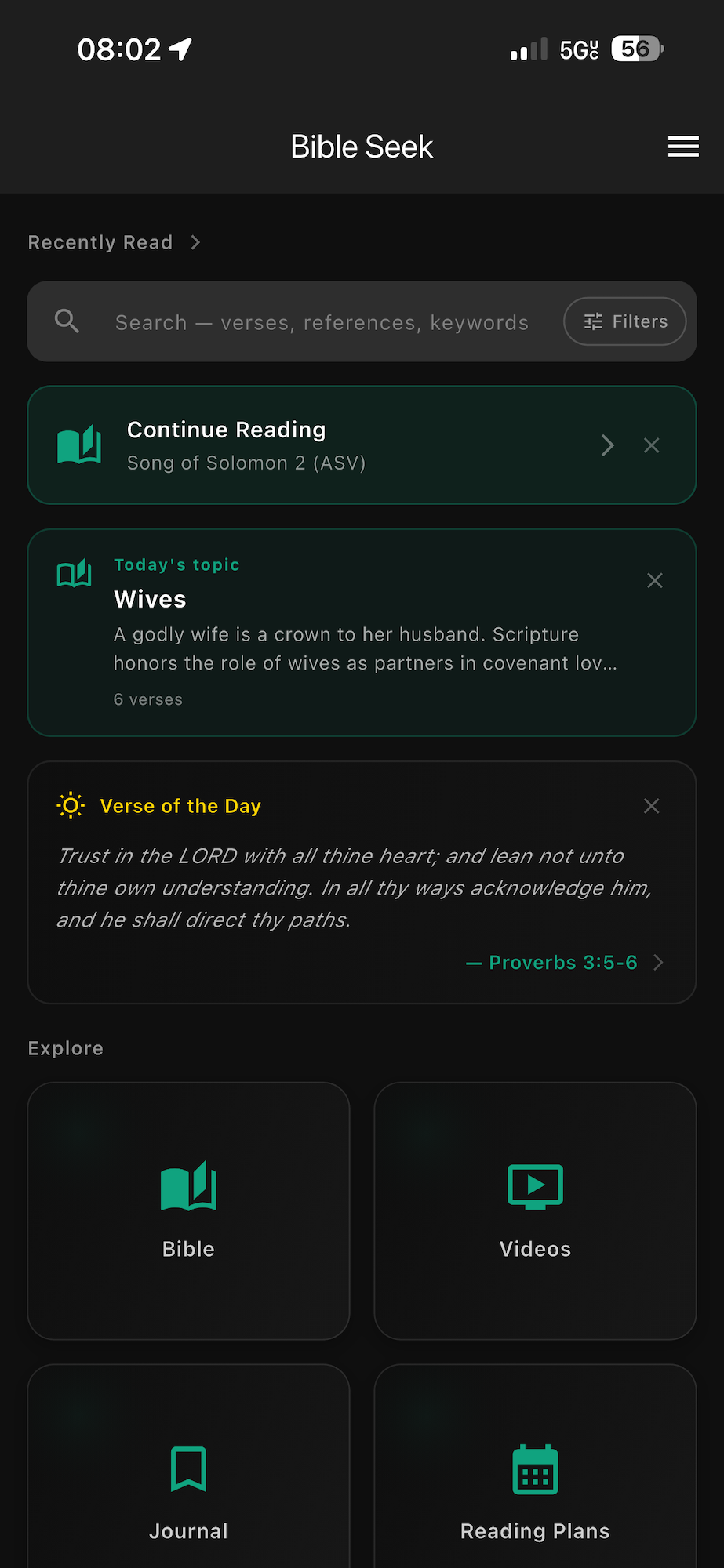 Bible Seek home screen with Continue Reading, Verse of the Day, and Explore tiles