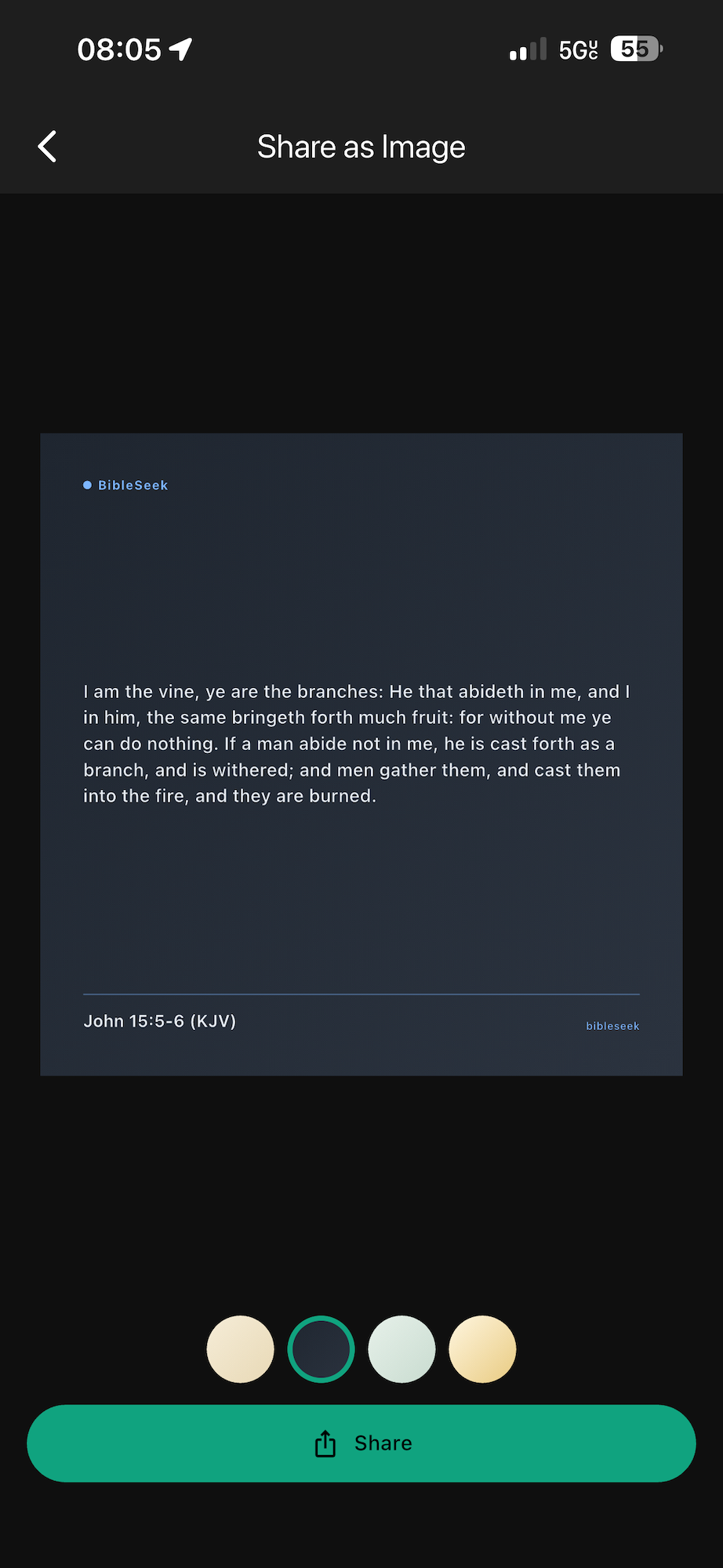 Share as Image composer for John 15:5-6 with selectable color themes